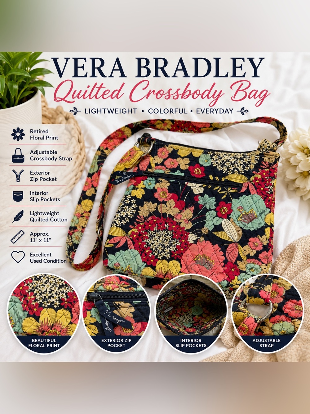 Vera Bradley Black Floral Quilted Crossbody with Multicolor Blooms